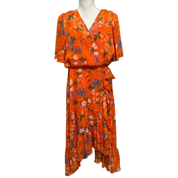 Calvin Klein Floral Chiffon Wrap Midi Dress Flutter Sleeves Ruffle Hem Orange 14 - Picture 13 of 13